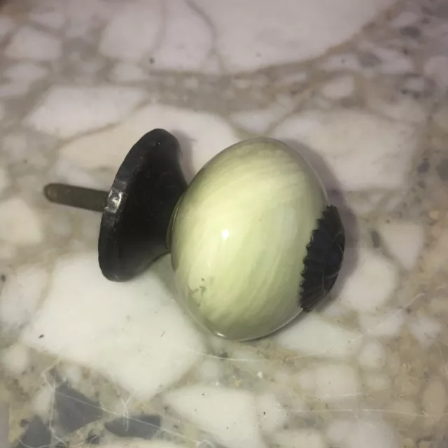 Antique French Drawer Pull knob Limoges porcelain Antique Brass Door Off White