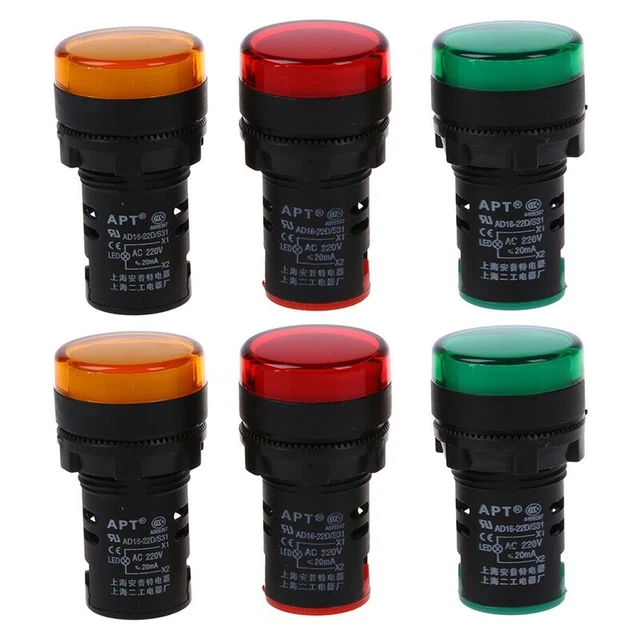red, yellow, green light lamp 22 mm LED pilot display panel 220 VAC 6 piece D9N1