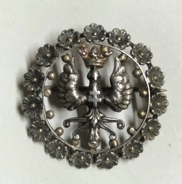 Broche Ancienne Armoirie Avec Couronne, Aigle Et Croix De Lorraine - Argentée, Occasion