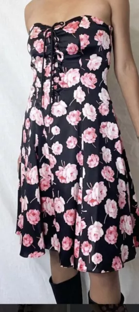 Vintage 90s Betsey Johnson Strapless Floral Silk Dress Size 8 Pink Black Lace Up