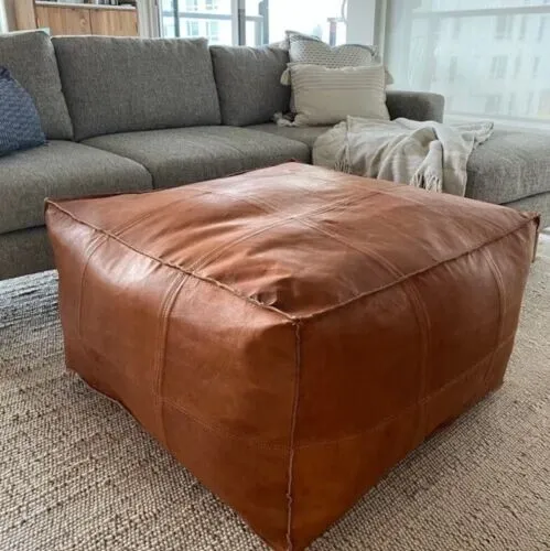 Genuine Pouffe Leather Footstool Handmade Moroccan Ottoman Brown Boho Pouf