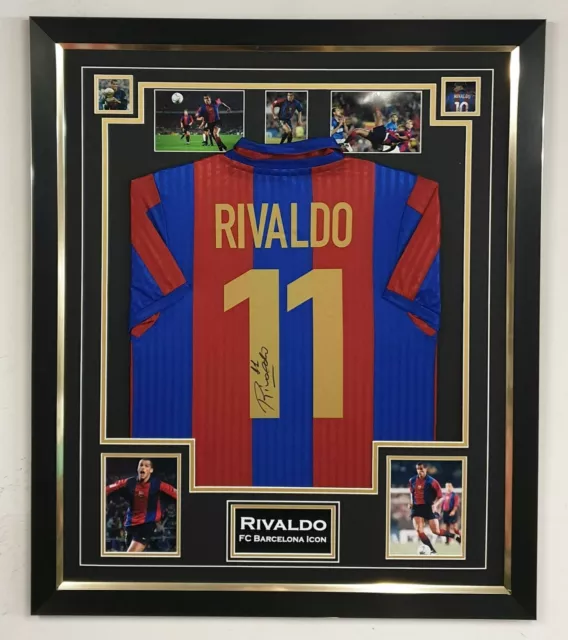 Incorniciata Rivaldo di Barcellona Firmata Maglietta Autografa Esposizione con COA