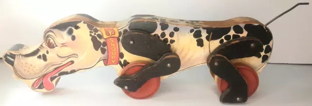 Fisher Price Snoopy Dalmation Dog Wooden Mid Century Modern Pull Toy