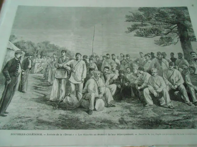 Gravure 1873  Nouvelle Calédonie Arrivée de la Danaé les déportés -New Caledonia