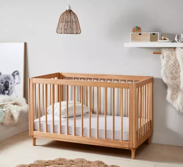 Wooden Cot in Oak colour Natural Raw Timber Cot Infant/Toddler Adjustable