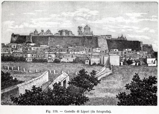 Castello di Lipari. Isole Eolie. Stampa antica di 130 anni + passepartout. 1893