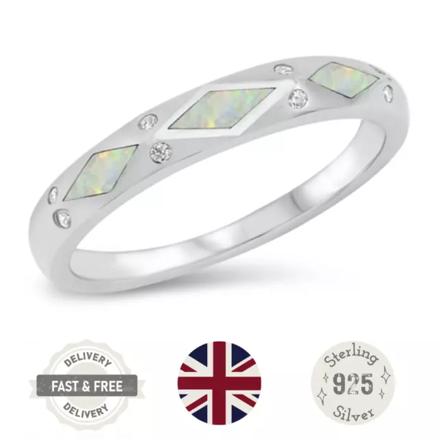 925 Sterling Silver White Lab Created Opal Cubic Zirconia Stacking Band Ring