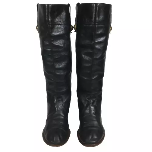 VINTAGE COACH FAYTH Black Leather Knee High Boots 6.5 B Brass Button ...