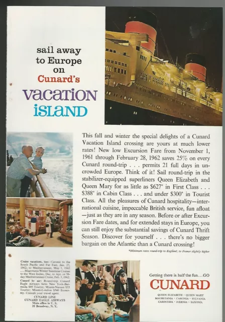 1961 CUNARD LINE advertisement, Queen Elizabeth, Queen Mary