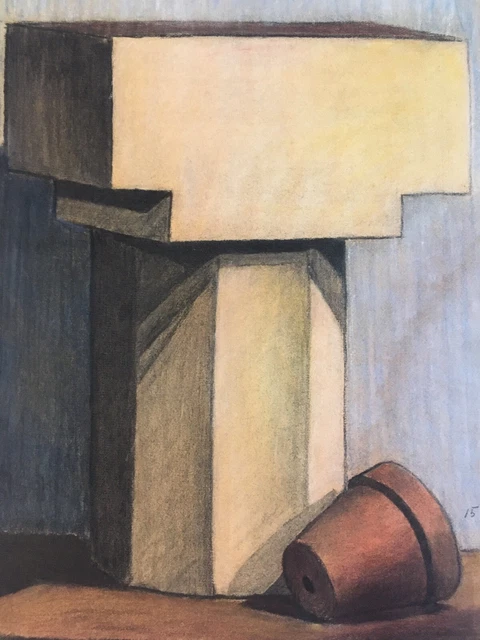 Très Beau Grand Dessin Fusain XIXe Nature Morte Pot Et Colonne Marbre Pierre