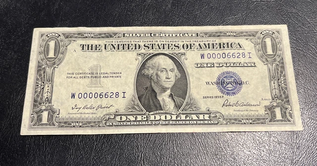 1935F 1935 One Dollar Bill Silver Certificate Note Low Serial Number W00006628I