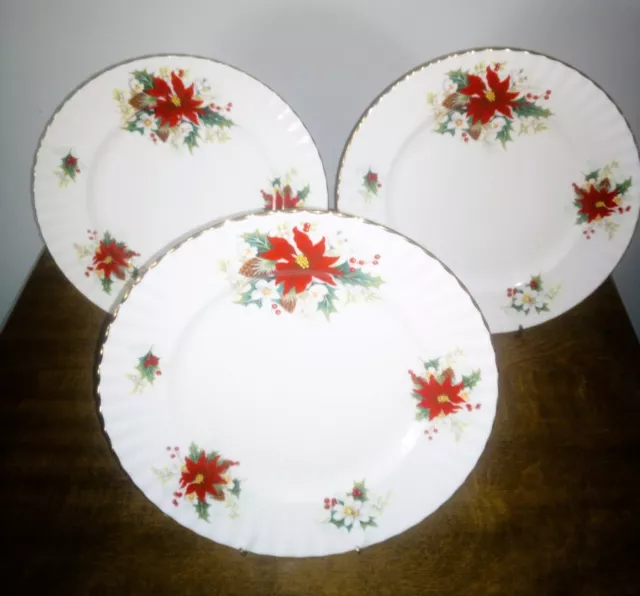 Beautiful Trio Of Royal Albert "Poinsettia" English Bone China Dinner Plates