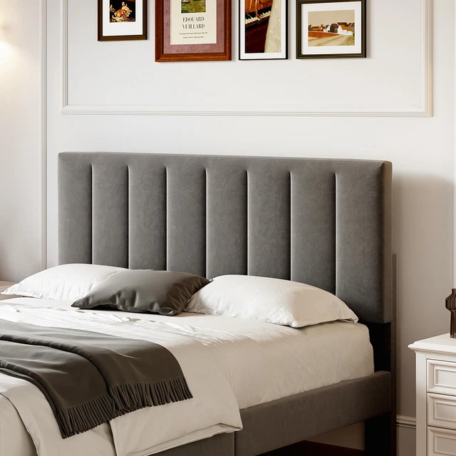VELVET DOUBLE BED Frame with Adjustable Tufted Headboard Grey Solid