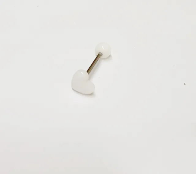Tongue Ring Heart White 10mm Acrylic Top 14 Gauge 5/8" Steel Barbell Body Jewelr