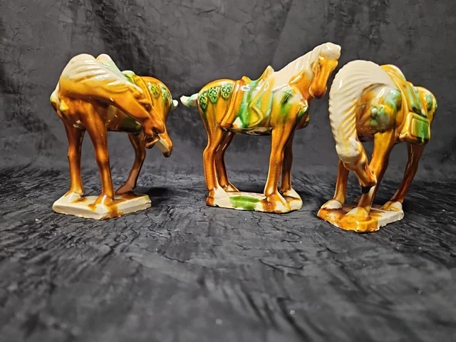 Vtg Set Of 3 Chinese Tang Dynasty Style War Horses Figurines Drip Glaze Ceramic
