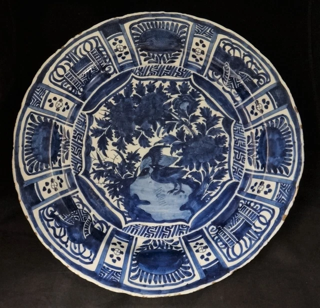 1680-1720 Dutch Delft B&W pottery charger, imitation of Chinese Kraak, 16” dia.