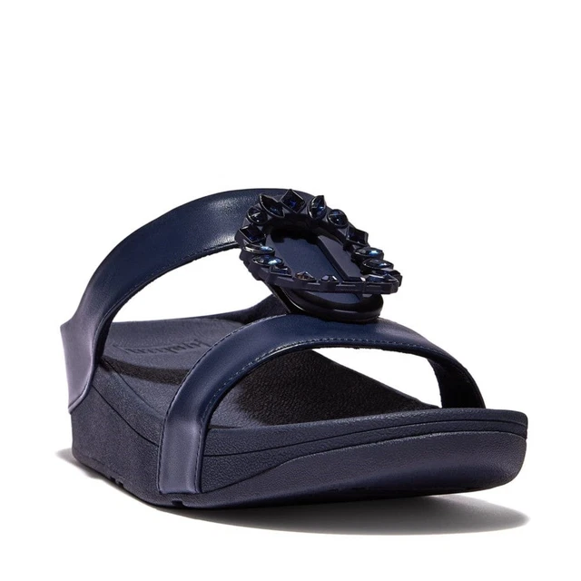 FitFlop Womens LULU Crystal Circle Navy Leather Slides Sandals Shoes