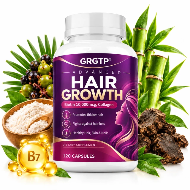 ADVANCED HAIR GROWTH Capsules -with Biotin 10000mcg Collagen Skin Nails ...