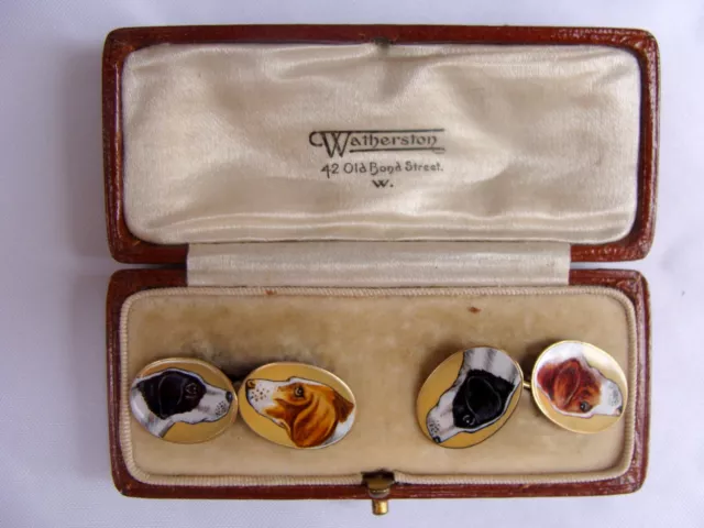 Magnificent 1900 Pair Of Old English 9K Enamel Gold Cufflinks With Original Box