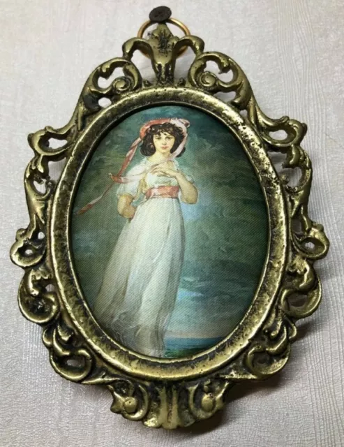 Vintage Painting Scholkography Pinkie Girl Silkscreen Oval Bronze Frame
