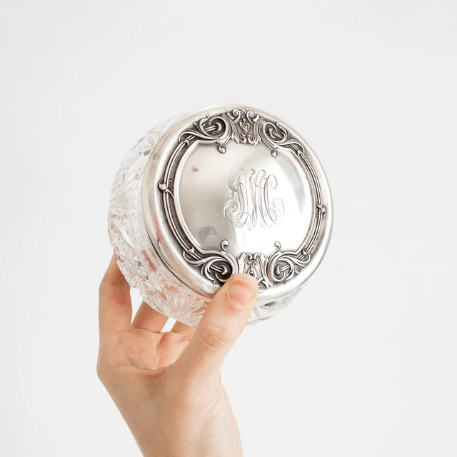 Antique R Blackinton Cut Crystal Vanity Jar Sterling Silver Art Nouveau Repousse