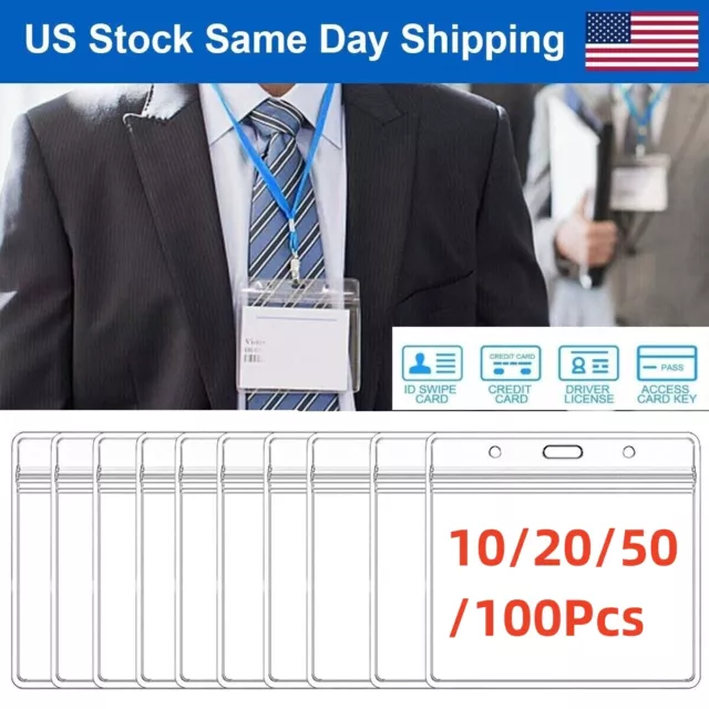 100Pcs Vertical Clear Soft Plastic ID Card Badge Holder Waterproof Business Case