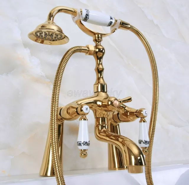 Deck Mount Claw-foot Bathtub Faucet Tub Filler Handheld Shower Gold Brass