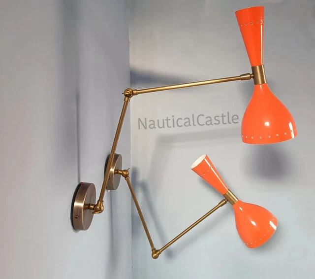Italian Wall Fixture Lamps Mid Century Sconce Orange Modern in Antique Brass