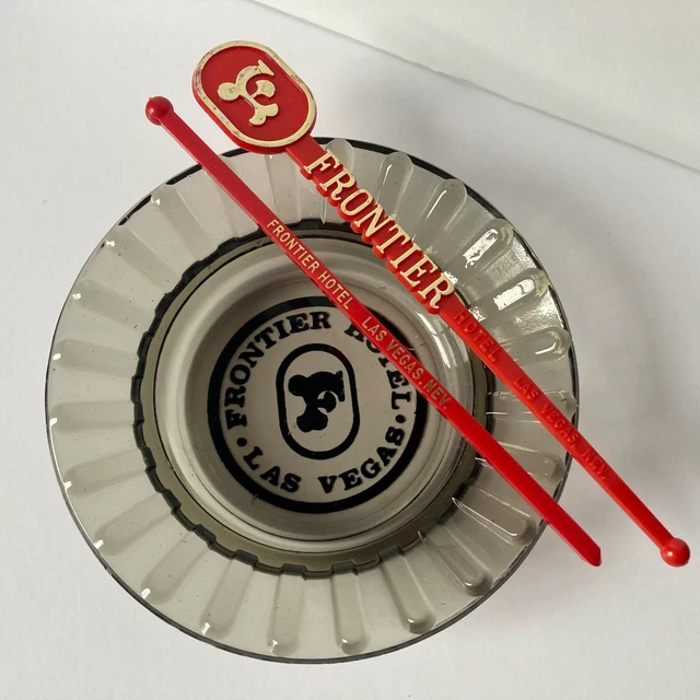 Vtg Las Vegas Frontier Casino & Hotel Ashtray & Swizzle Stick, Clear Gray Glass
