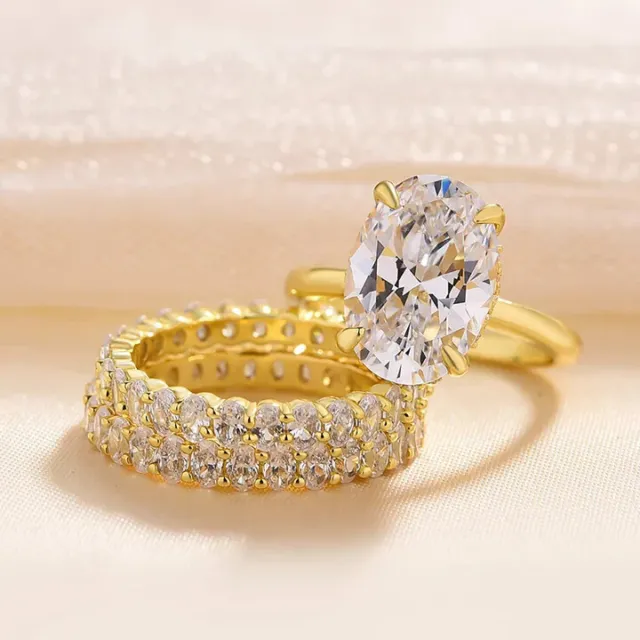 4.00Ct Oval Cut Moissanite Vintage 3Pc Wedding Ring Set 14k Yellow Gold Plated