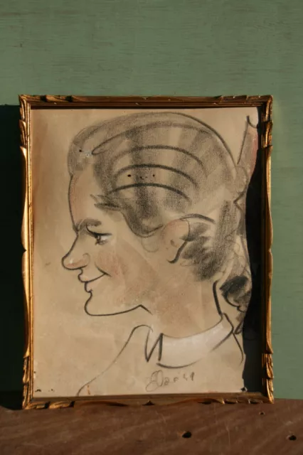 dessin portrait caricature de jeune femme ancien , signé **