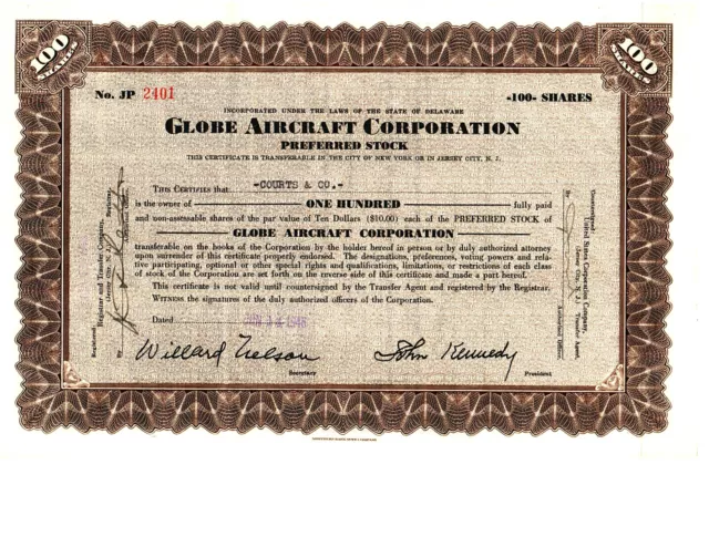 RARE Vintage Globe Aircraft Corporation Stock Certificate 1946 Globe Swift