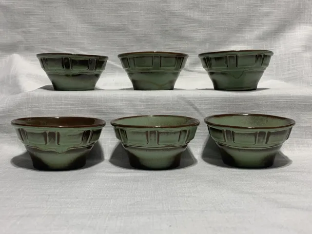 6 Vintage Frankoma Pottery, #94XO Wagon Wheel 5oz Bowls / Ramekins Prairie Green