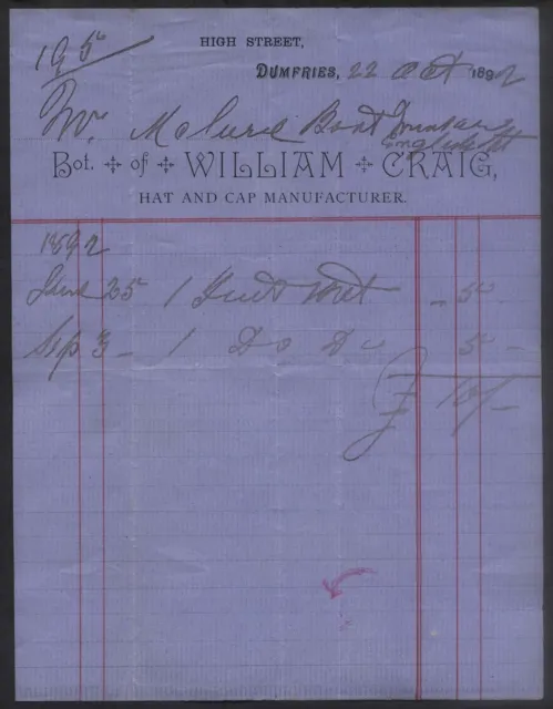 1892 DUMFRIES, WILLIAM CRAIG, HAT & CAP MAKER, HIGH STREET, BILL TO MR. McLURE