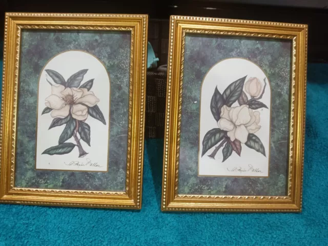 Kirkland's Set Of 2 Gold Framed Magnolia Flowered Picture 6 x 8 by Renee Dollar