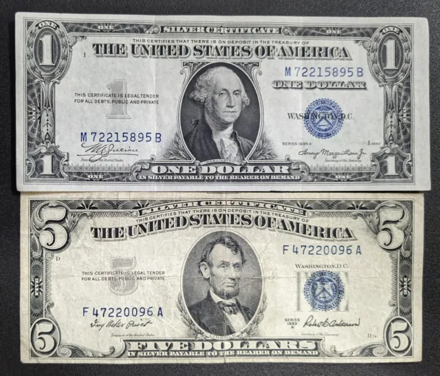 1935 $1 One Dollar and 1953 $5 Five Dollar Silver Certificates             (052)