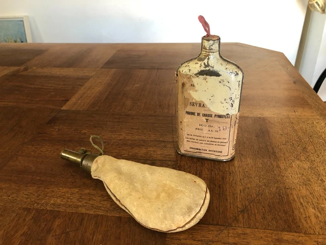 Ww1/Prewar Ancienne Poire A Poudre/Plomb En Cuir Civile Chasse Militaire Avec Capuchon A Identifi 80204