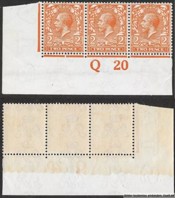 GB 1920  King George V, 2d Orange Die I, Royal Cypher, Control Q20, 2(E)  Mint