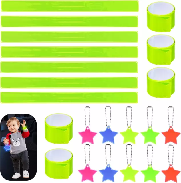 24 Stück Kinder Reflektoren Set, 12 Schnapparmband Reflektierend & 12 Stern Ruck