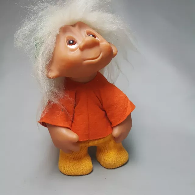 DAM 1982 DENMARK 10” Troll Doll Green Hat White Hair Orange Yellow Clothes #243