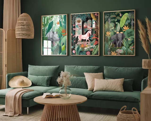The Botanical Room Set of Three Art Print Poster Painting Rhino Horse Elephant