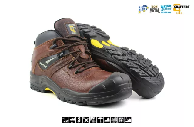 Mens Grafters Brown Tumbled Leather Composite Non-Metal Safety Toe Cap Work Boot