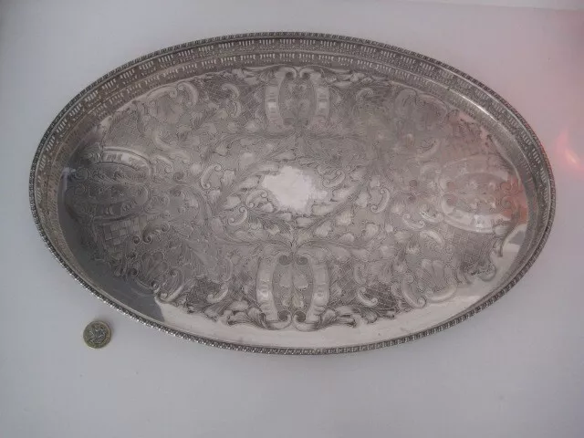 Vintage / Antique Viners Chased Silver Plated Gallery Butlers Large Oval Tray