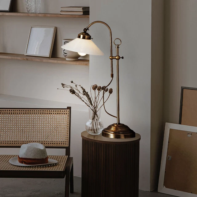 Lampada da Comodino Lampada Tavolo Scrivania Ottone Antico Vetro Mobile Vintage