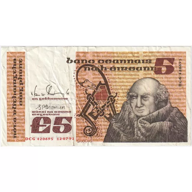 [#636258] Geldschein, Ireland - Republic, 5 Pounds, 1991, 1991-07-12, KM:71e, SS
