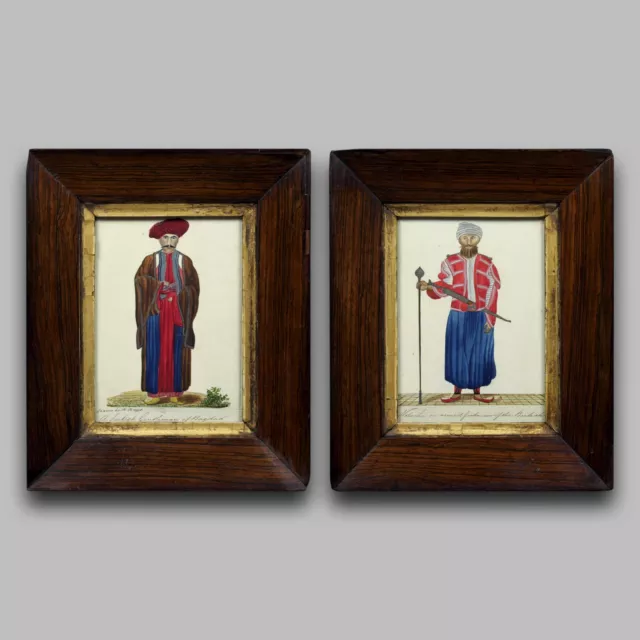 Antique c. 1820 Pair Naive Folk Art Portrait Paintings Turkish Man & Soldier