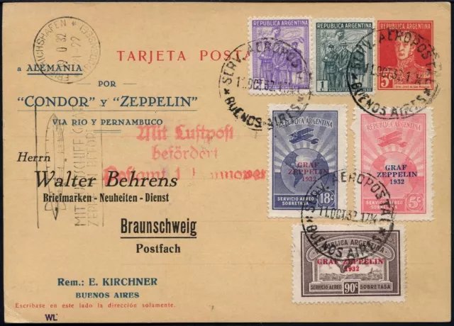 Zeppelin 1932 Argentinien 8. SAF Postkarte 384-386 Braunschweig Si 191 / 2046