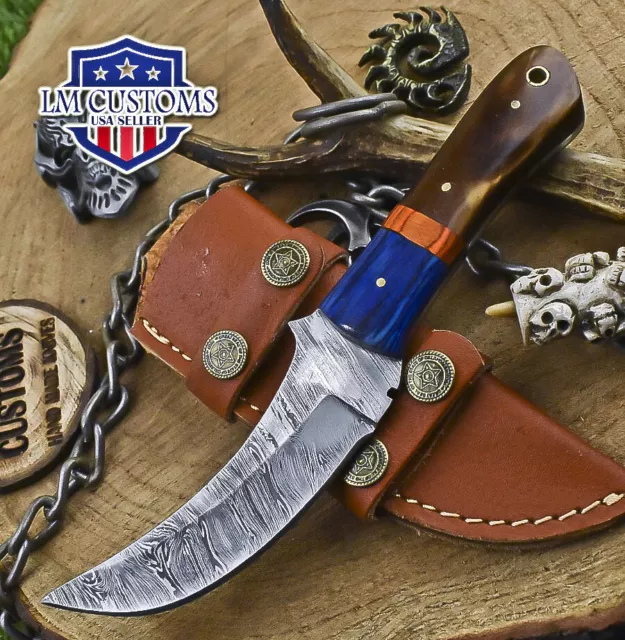 Custom Skinner Knife Fire Damascus Walnut Wood Wooden Bolster Fishing Rare