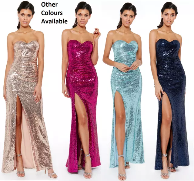 Goddiva Long Sequin Strapless Split Evening Maxi Dress Prom Party 8-14 Wedding 2