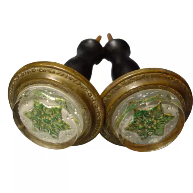 Set of Early Victorian Era Sulphide Glass and Brass Drapery Curtain Tie Backs